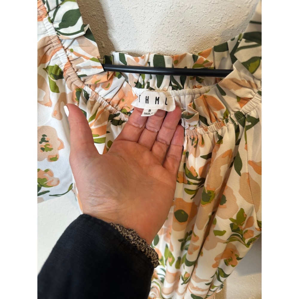 THML Floral Puff Sleeve Midi Dress White Peach Green Tiered FTM2319-CR Small - Picture 2 of 4